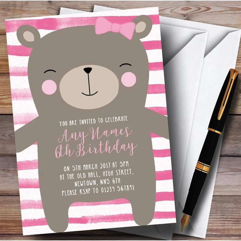 Large Teddy Bear Pink Childrens Birthday Party Invitations