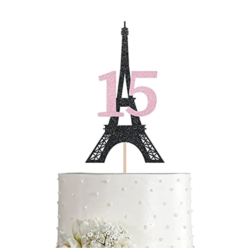 Paris 15th Birthday Cake Topper Black Pink Glitter Girl 15 Years Birthday Party Decoration, Supplies