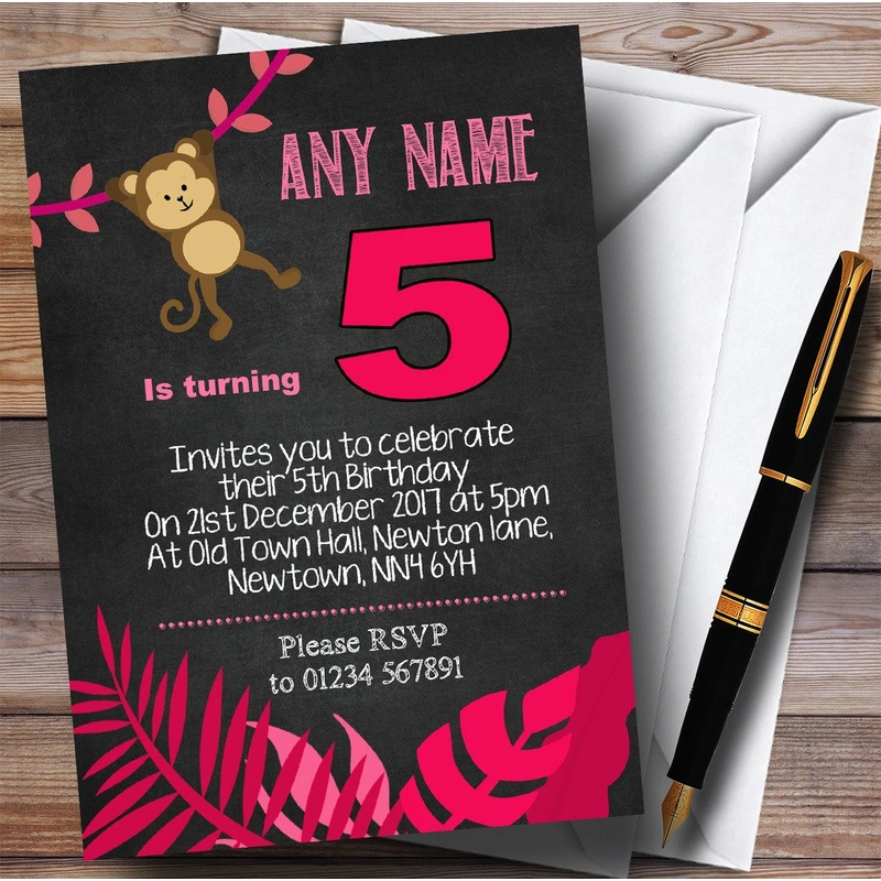 Pink Chalk Style Swinging Monkey Jungle Childrens Birthday Party Invitations