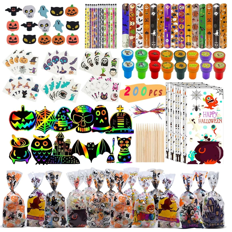 WOONOO 200 PCS Halloween Goodie Bag Fillers Stationery Set, Assorted Halloween Party Favors for Kids, Kids Halloween Toys Bulk Non Candy Halloween Treats Pencils, Eraser, Stamps, Slap Bracelets