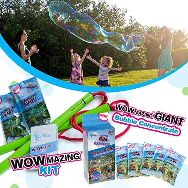 WOWMAZING Giant Bubble Wands Kit & Bubble Refills: Includes Wand, 7 Big Bubble Concentrate Pouches and Tips & Trick Booklet | Outdoor Toy for Kids, Boys, Girls | Bubbles Made in The USA